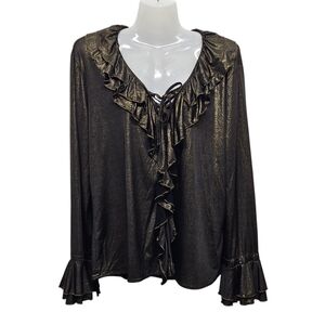 A. Z. I New York Ruffle Blouse Metallic Gold Black Large Whimsigoth Academia